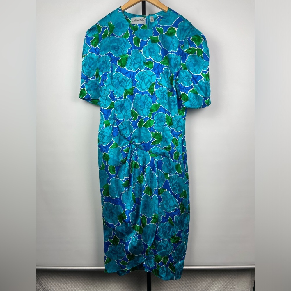 Vintage Adrianna‎ Papell Blue Floral 100% Silk Satin Short Sleeve Dress